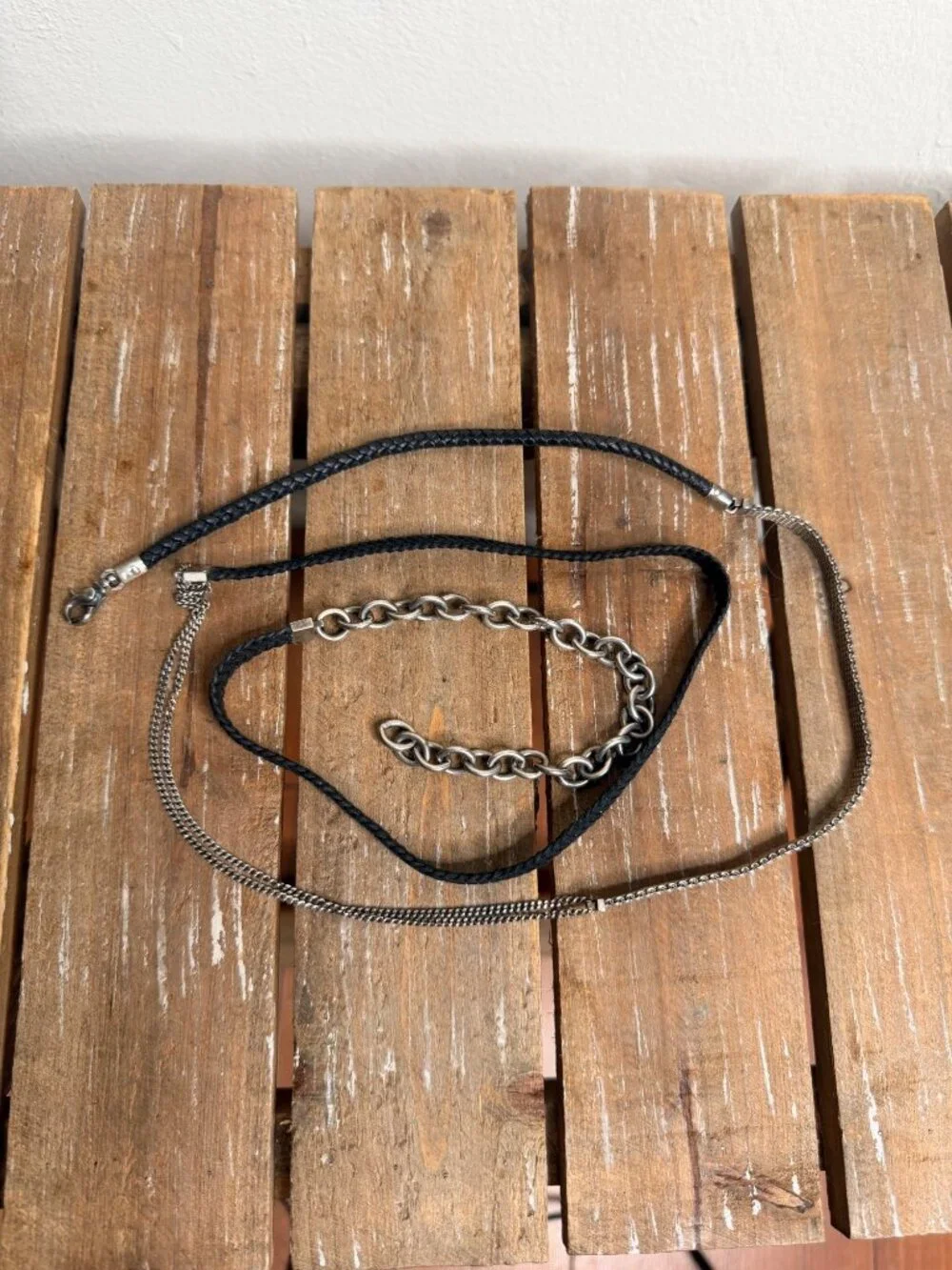 Title of Work Black Leather & Sterling Silver Triple-Wrap Bracelet / Necklace